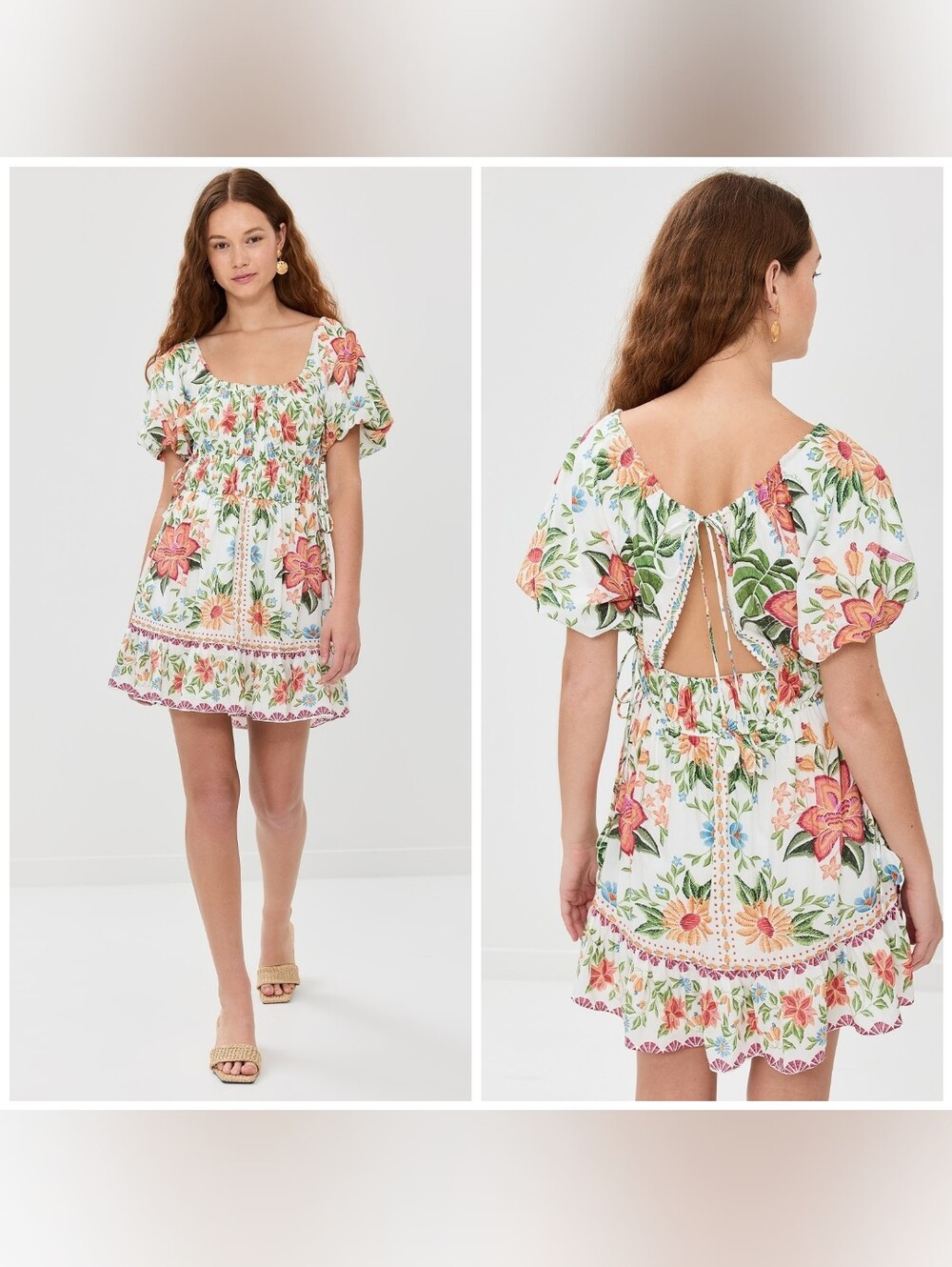 FARM Rio Bloom Garden Off White Short Sleeve Mini Dress, Medium, Floral